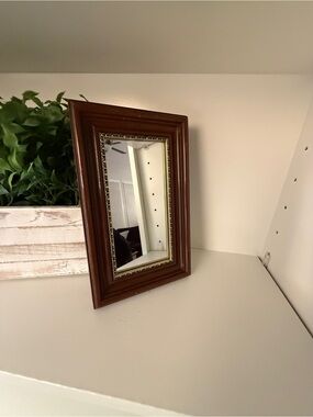 Vintage Solid Wood Framed Wall Mirror Cherry Mahogany Gold Accent 10”x6.5”